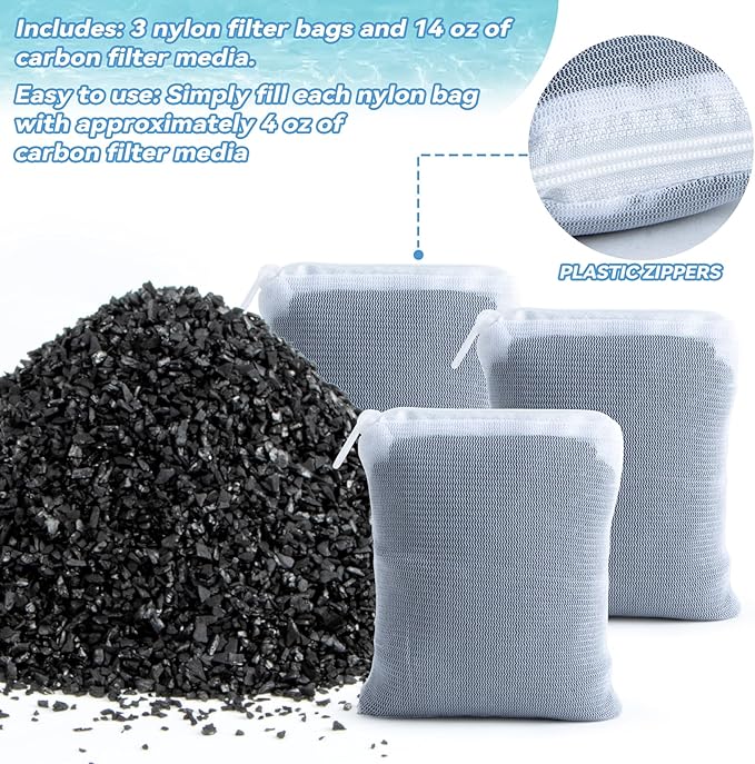 410g Activated Charcoal Pellets - Activated Carbon Aquarium Filter Media Charcoal Pellets for Fish Tank Supplies Media Bags for Aquarium Coconut Shell Charcoal (0.9 lb, 3 Nylon Bags)