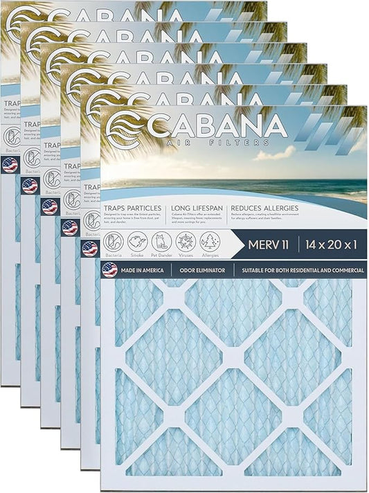 Cabana Filters 14x20x1 AC Furnace Air Filter, Merv 11 Capture Unwanted Particles, Pleated Furnace Filter HVAC AC Filters - Made in the USA - 6 Pack