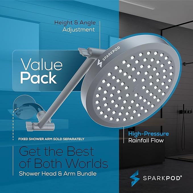 SparkPod Round Rain Shower Head with Extension Arm - Height Adjustable Shower Head with High Pressure Performance - Easy 1-Minute Installation (11" Arm Extension, Titanium Charcoal Grey)