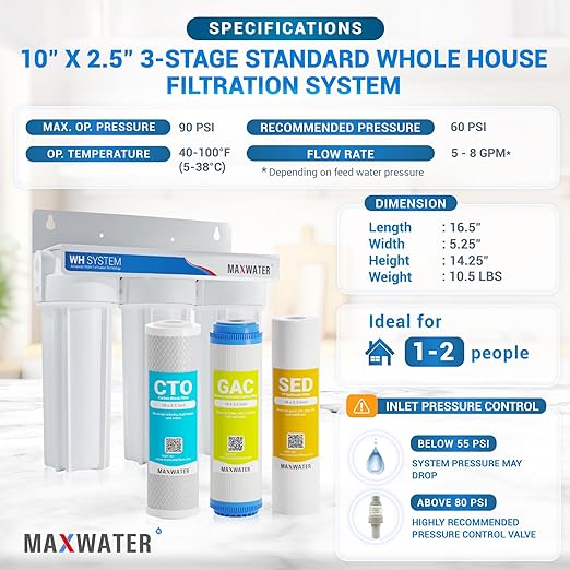 Max Water 3 Stage (Good for City Water) 10 inch Standard Water Filtration System for Whole House - Sediment + GAC + CTO Post Carbon - ¾ Inlet/Outlet - Model : WH-SW1