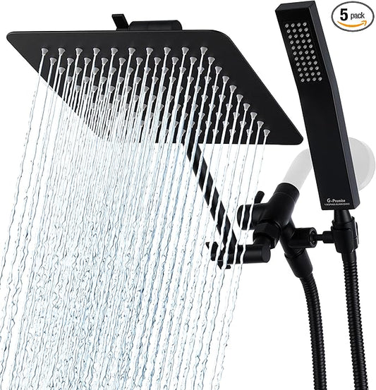 G-Promise All Metal 10" Dual Square Shower Head Combo | Rain Shower Head | Handheld Shower Wand | Adjustable | 3-Way Diverter | 71" Extra Long Hose - A Bathroom Upgrade (Matte Black)