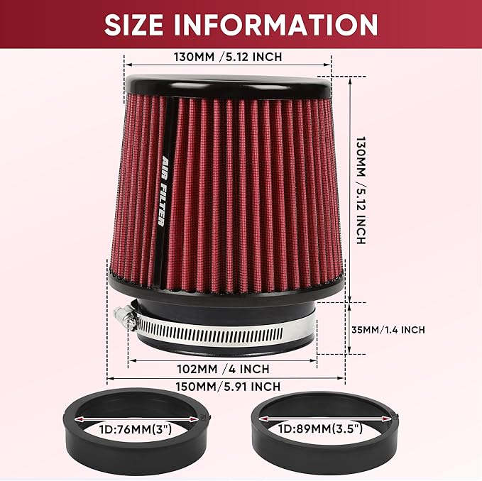 4 Inches Cold Air Intake Filter 3" or 3.5" or 4" High Performance Washable Clamp-On Replacement Cone Air Filter 3 in 1 Size Red