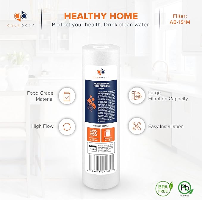 Aquaboon 10” x 2.5” Whole House and Reverse Osmosis Sediment 1 Micron Water Filter Cartridge | COMPATIBLE WITH: Culligan P1, Pentek P1, PD-1-934, P5, AP110, WFPFC5002, CFS110, RS14, WHKF-GD05 (4-PACK)