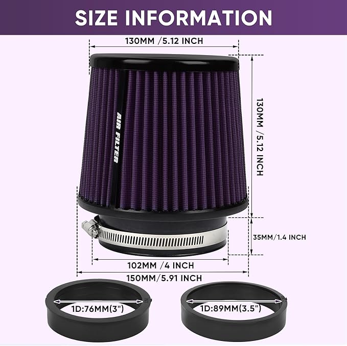 4 Inches Cold Air Intake Filter 3" or 3.5" or 4" High Performance Washable Clamp-On Replacement Cone Air Filter 3 in 1 Size Purple