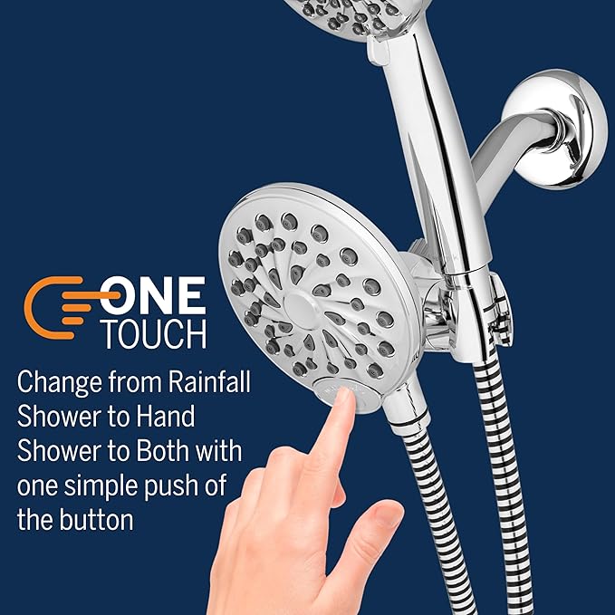 Waterpik One-Touch Dual 2-in-1 Shower System With Rain Shower Head and 7-Mode Hand Held Shower Head, Chrome XPB-133E-763E PowerPulse Chrome 8 Settings Showerhead Combo 1.8 gpm