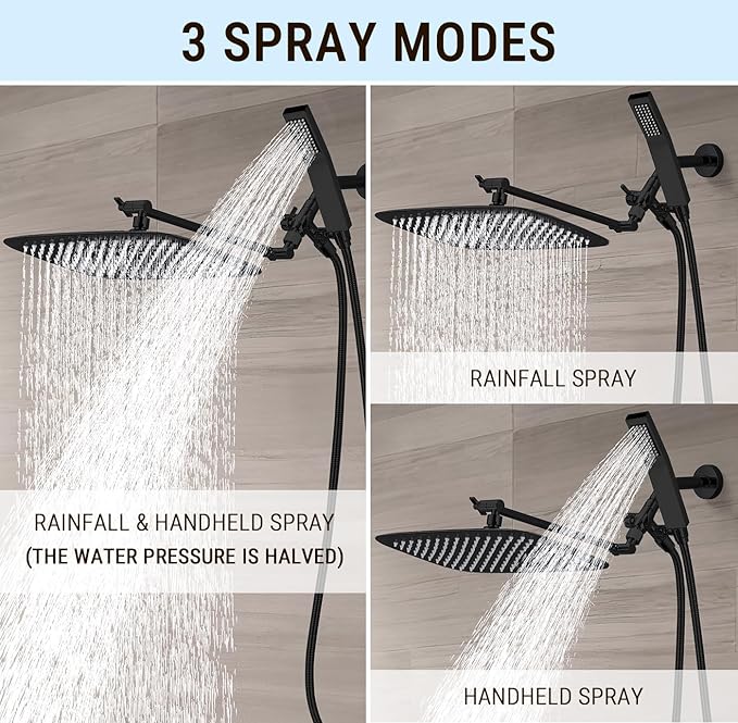 G-Promise All Metal 14 Inch Dual Square Shower Head with Handheld Spray Combo, Rain Shower Head, Adjustable Extension Arm, 3-Way Diverter, 71 Inch Extra Long Hose - A Bathroom Upgrade (Matte Black)