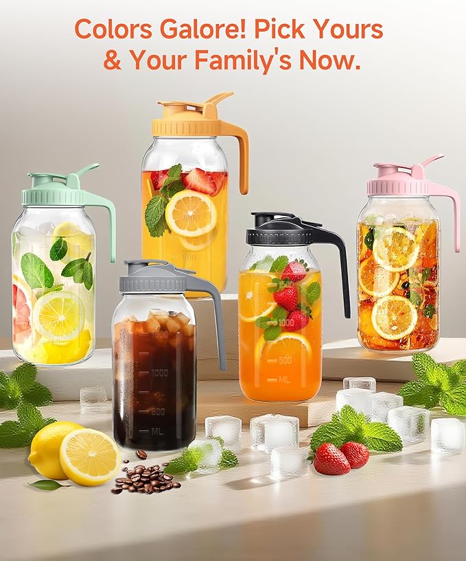 2 Quart Wide Mouth Glass Pitcher with Lid, 64oz Mason Jar Pitcher, Leak-proof Iced Tea Pitcher,Heavy Duty Container for Fridge Sweet Tea,Juice,Cold Brew Coffee,Breastmilk Storage Drinks-1PACK/Blue