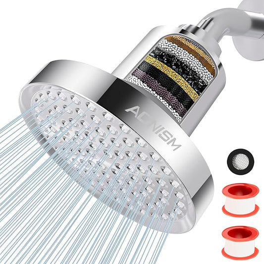 ACNISM Filtered Shower Head - 6” High Pressure Shower Head, Fixed One-Piece, Angle Adjustable with 20-Stage Filter - Softens Hard Water Removes Chlorine, Improves Hair and Skin Problems(Silver)
