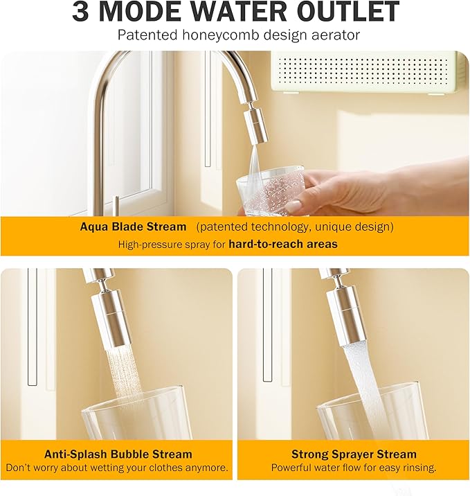 Frizzlife 360° Swivel Faucet Aerator Sink Extender, 3-Mode Sprayer Water Filter Extension Replacement, Universal Big Angle Tap Head Attachment for Kitchen/Bathroom & Washing Hair/Face/Toddlers Use