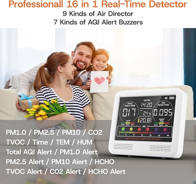 16-in-1 Indoor Air Quality Monitor with PM1.0,PM2.5,PM10,CO2,HCHO,TVOC,Temperature,Humidity,Time Display &7 AQI Alarms – Professional Air Quality Tester for Home, Office & Indoor Use (Creamy White)
