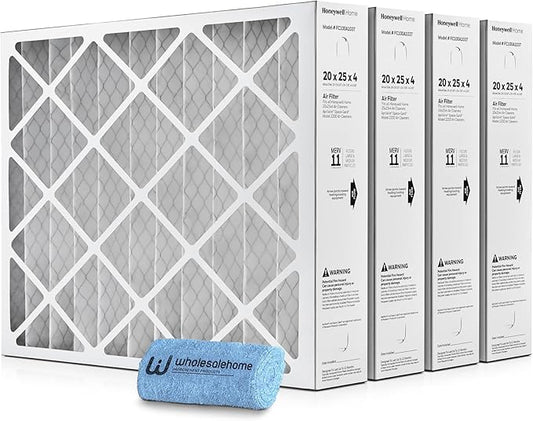 Honeywell 20x25x4 Air Filter Replacement MERV 11, FC100A1037 Pleated HVAC AC Furnace Filters with Wholesalehome Cleaning Cloth, 4-Pack (Actual Size: 19.94 x 24.88 x 4.38 Inches)