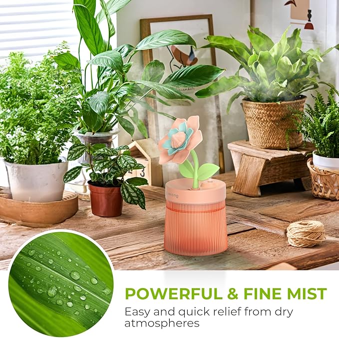 Cute Flower Mini Humidifier, 260ml Gardenia Desktop Humidifiers for Bedroom, Portable Small Cool Mist Humidification for Home, Baby Nursery, Office & Indoor Plants, USB Powered (Pink)