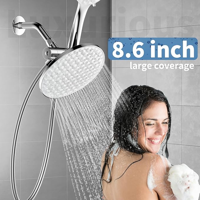 8.6 inch High Pressure 3-Way Shower Heads Combo, Pulsating Rainfall Shower Head, 6-Settings Dual Shower Head with Handheld Hose 6ft Chrome