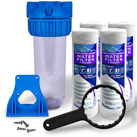10 Inches Transparent Standard Whole House Water Filter System with Presser Relief Valve, 3/4” Inlet/Outlet Brass Port and Yearly Supply (4) Wound Spring Sediment Cartridges 5 Micron