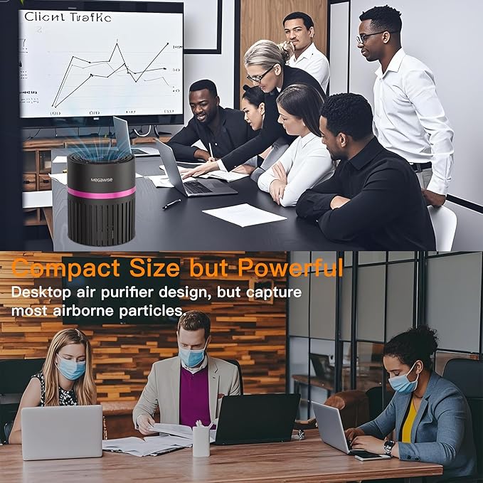 MEGAWISE Office Air Purifier with 3-in-1 HEPA Filter Desktop Air Cleaner for Smoke, Dust, Pollen, Pet Dander, HEPA Air Purifier for Home and Bedroom, 100% Ozone Free (Available for California)