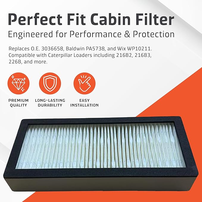 Cabin Filter - Pack of 1 - Compatible with Caterpillar Loaders - Cabin Air Filter Replacement - Replaces O.E. 3036658; Baldwin PA5738; Wix WP10211 - Climate Control System Accessories - 1 Set