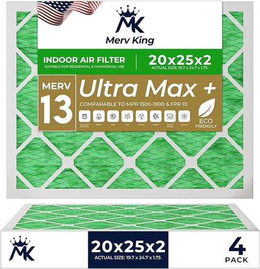 MervKing 20x25x2 Air Filter Actual Size: 19.7" x 24.7" x 1.75" MERV 13 MPR 1500-1900 | MADE IN USA | 4-Pack | Pleated HVAC AC Furnace Replacement