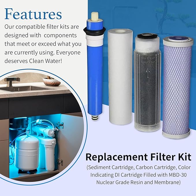 Reverse Osmosis Deionization (RODI) 10" Replacement Filter Kit (Sediment Cartridge, Carbon Cartridge, Color Indicating DI Cartridge Filled with MBD-30 Nuclear Grade Resin and 150 GPD Membrane) by CFS