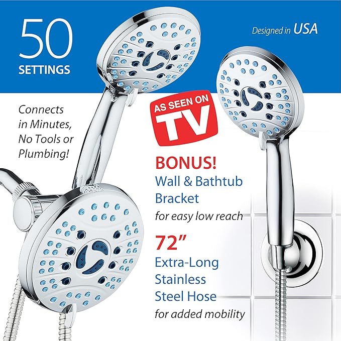 Hotel Spa AquaCare for California As-Seen-On-TV High Pressure Handheld Rain 50-Mode 3-Way Shower Head Combo, Anti-clog Jets, 2-Mode Tub & Pet Power Wash, Wall Bracket, 6 ft. Hose