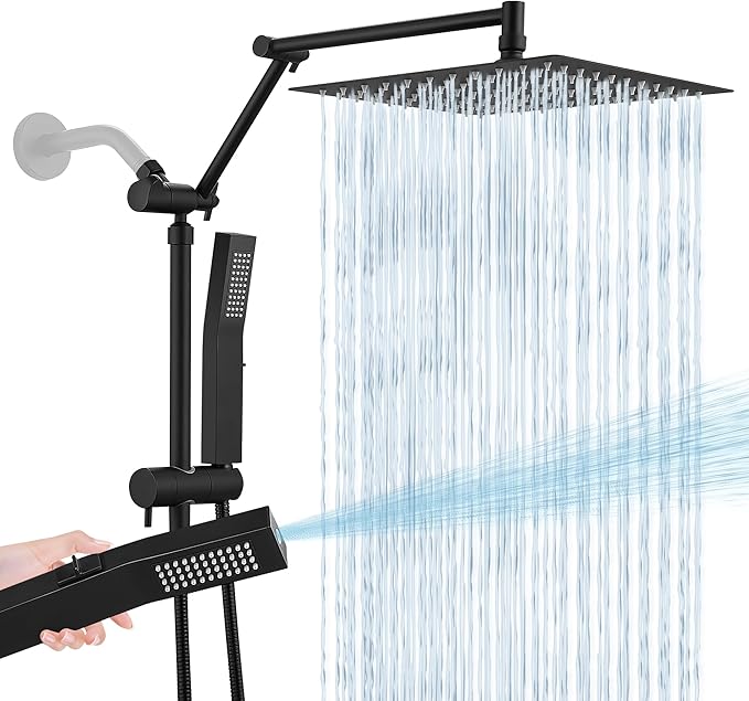 All Metal 10 Inch Rain Shower Head with Handheld Spray Combo, High Pressure Waterfall Rainfall Square Shower Heads with 16" Adjustable Extension Arm, Dual Showerhead with 3-Way Diverter, Matte Black