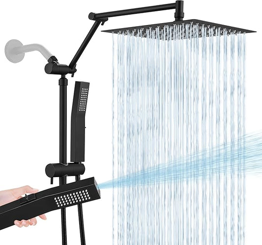 All Metal 10 Inch Rain Shower Head with Handheld Spray Combo, High Pressure Waterfall Rainfall Square Shower Heads with 16" Adjustable Extension Arm, Dual Showerhead with 3-Way Diverter, Matte Black