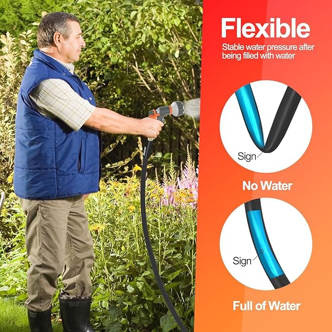 Garden Water Hose 50 ft x 3/4 in Heavy Duty, Flexible and Lightweight, Burst 600 psi, Kink-less Hybrid Rubber Pipe for Backyard, 3/4'' Brass Fittings, Black