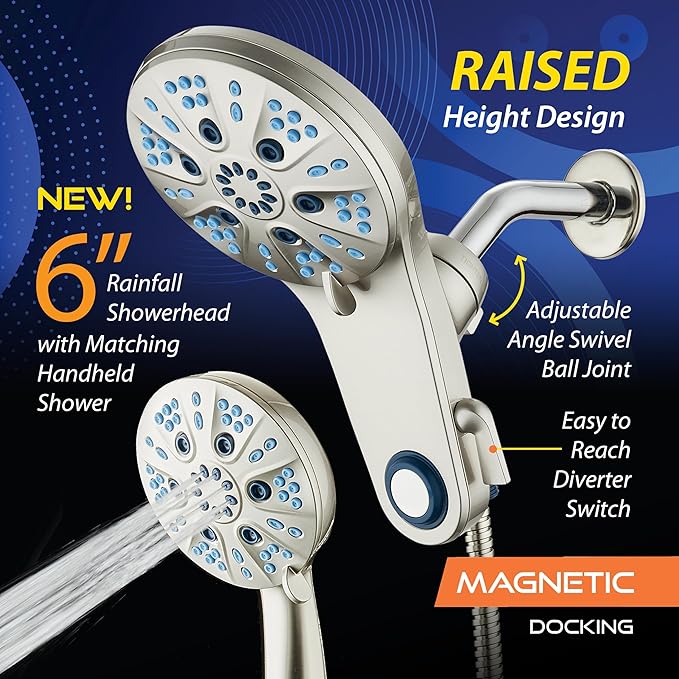 AquaCare Magneton High-Pressure 48-mode Luxury 3-way Combo System with Magnetic Guidance Docking, Giant Rain & Handheld Shower Head, Hygienic Jets and 6 ft. Stainless Steel Hose, Satin Nickel
