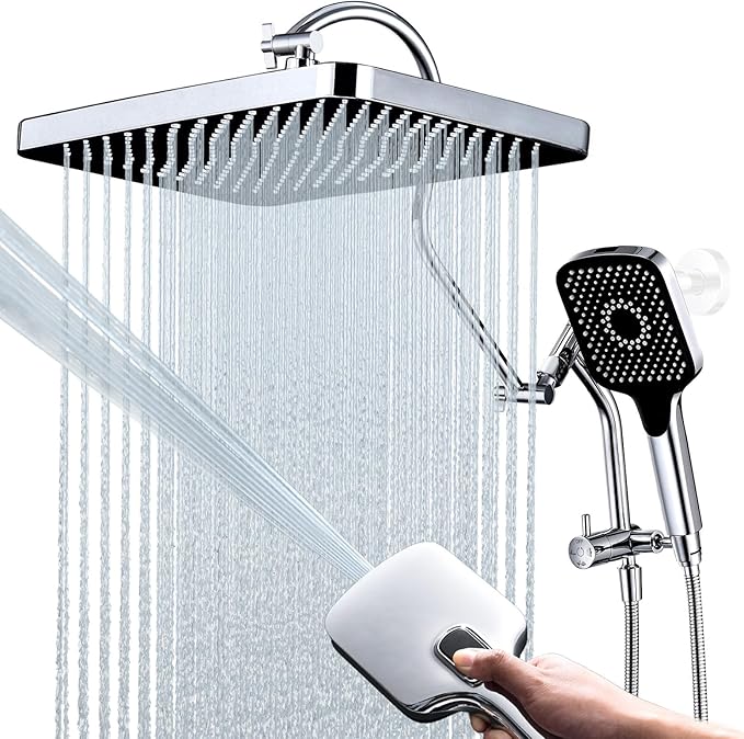 13 Inch Rainfall Shower Head with Multi-Function Handheld Sprayer Combo, 3-Way Metal Extended Diverter with Holder and Metal Adjustable Curved Shower Extension Arm, Extra Long Hose Chrome