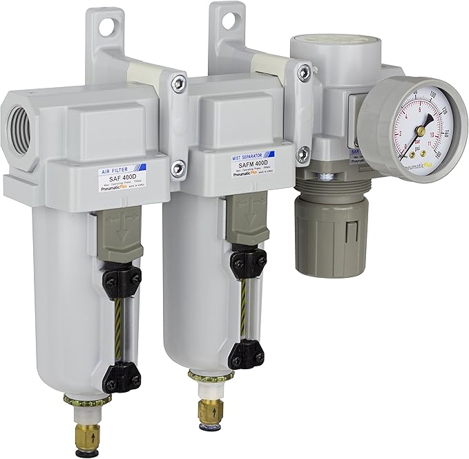 PneumaticPlus SAU430-N06DG-MEP Three Stage Air Drying System Particulate Air Filter, Coalescing Filter, Air Pressure Regulator Combo 3/4" NPT - Metal Bowl, Auto Drain, Bracket, Gauge