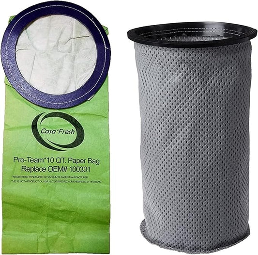 10 PK of Replacement Bags for ProTeam 100331. Compatible with 10 QT BackPack Vacuums - Coachvac, Super Coachvac, Megavac (10 QT Round Bags 100331 + MicroLiner 100565)