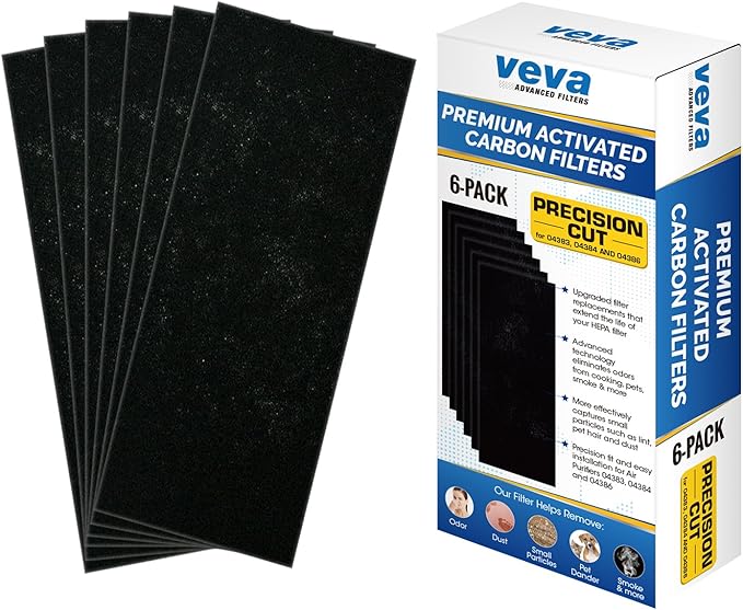VEVA Pre-Filter Replacement Compatible with Hamilton Beach 04383, 04384, 04386 Air Purifier - 6 Pack - Smoke and Odor Eliminator Carbon Filters