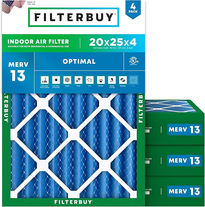 Filterbuy 20x25x4 Air Filter MERV 13 (MPR 1900) Health Defense Replacement (4-Pack), Electrostatic Pleated HVAC AC Furnace Filters, Made in USA (Actual Size: 19.50 x 24.50 x 3.63)
