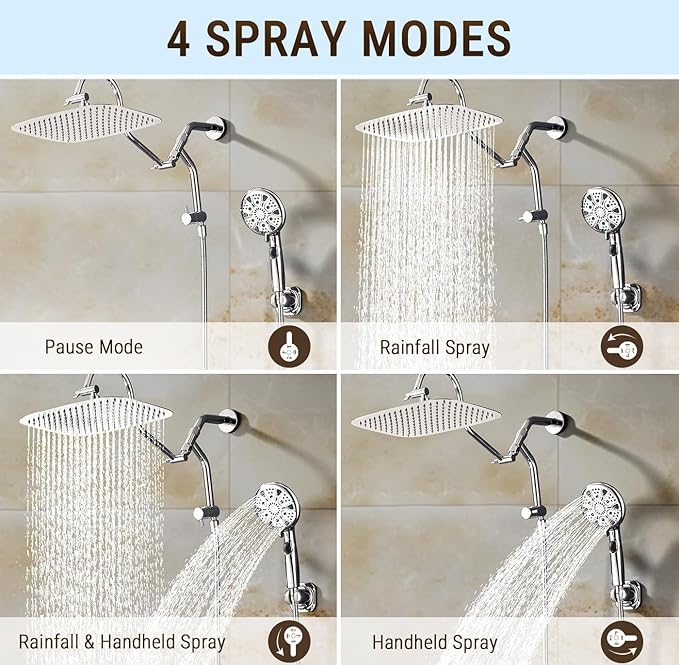 G-Promise 14 Inches Shower Heads with Massage Mode Handheld Sprayer Combo, 3 Way Metal Extended Diverter and Metal Adjustable Extension Arm, Stainless Steel Hose