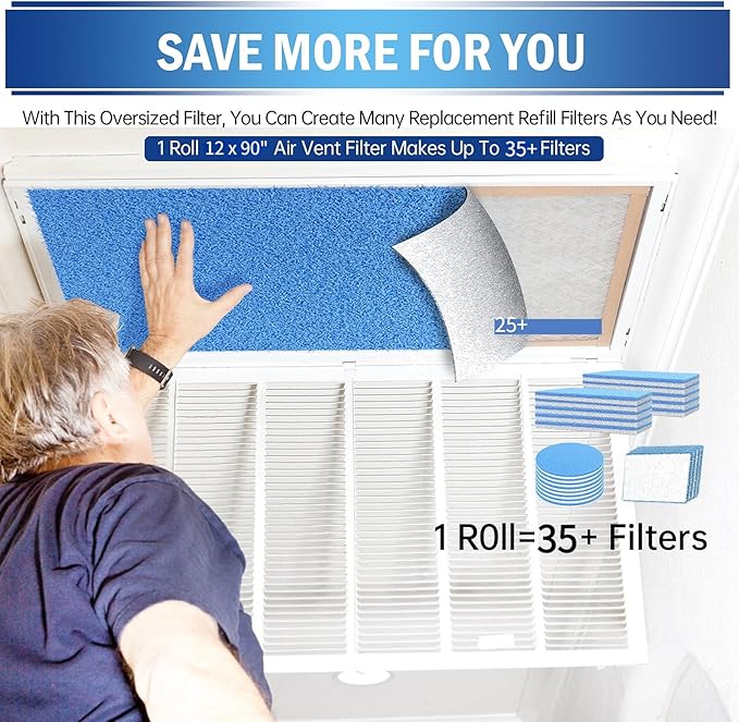UBeesize Air Vent Filters, 12" x 90" Cut to Size Air Filter Material (35+ Filters), MERV 8 Triple Vent Filter Kit for Home Floor, Grilles, Ceiling, HVAC Furnace Vent, With 48PCs Adhesive Hook Tape