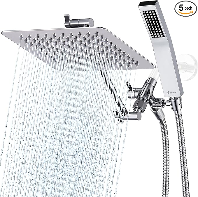 G-Promise All Metal 8 Inch Dual Square Shower Head with Handheld Spray Combo, Rain Shower Head, Adjustable Extension Arm, Smooth 3-Way Diverter, 71 Inch Extra Long Hose - A Bathroom Upgrade (Chrome)