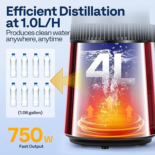 VIVOHOME Water Distiller Countertop 1.1 Gallon/4L 304 Stainless Steel Distilled Water Machine with Smart Switch Purifier Filter for Home Officek, Red
