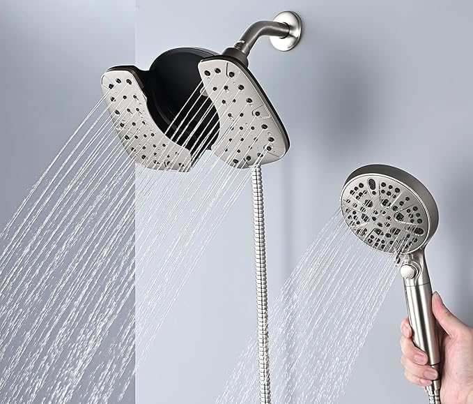 Nickel 2.5GPM Shower Head with Handheld High Pressure: 10” Rainfall Shower Head & HandHeld Shower Head, 9 Spray Settings Detachable Shower Head with ON/OFF Switch and 15-Stage Filter