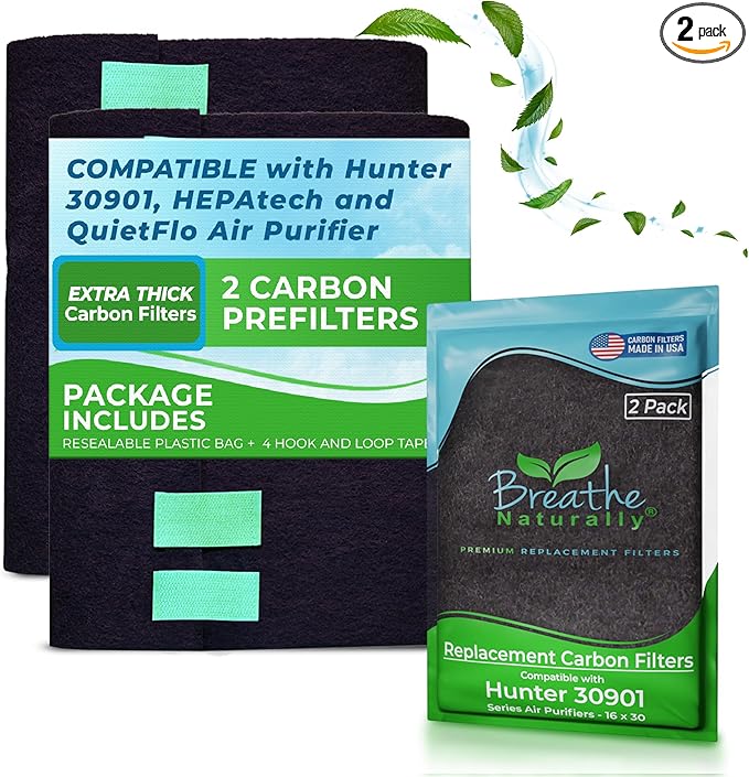 Breathe Naturally Replacement Carbon Pre-Filters Compatible with Hunter 30901, HEPAtech and QuietFlo Air Purifier - Activated Charcoal Filter Sheet - 16" x 30"x 0.2" (Pack of 2, Carbon Prefilters)