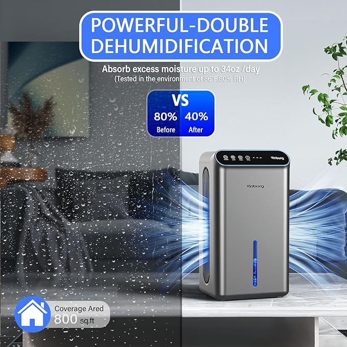 Dehumidifiers for Home (85 OZ Water Tank, 800 sq.ft) Quiet Small Dehumidifier for Basement Bedroom Bathroom with Drain Hose, 3 Gear Timer, Sleep Mode, Auto Shut Off, 7 Color Ambient Light