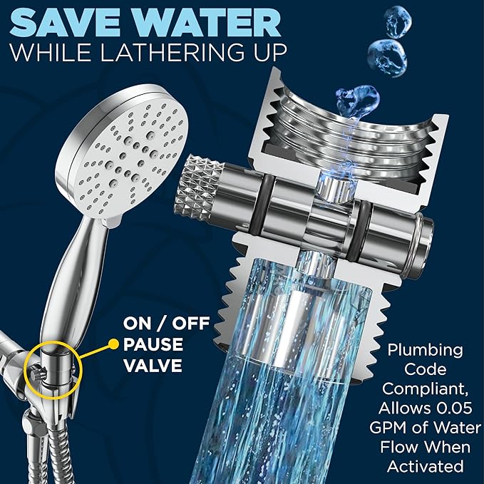 HammerHead Showers® Solid Metal 3-Spray Handheld Shower Head with Extra Long Hose and Shutoff Valve – Chrome - Perfect Dog Shower Head Attachment with 3 High Pressure Sprays - 2.5 GPM