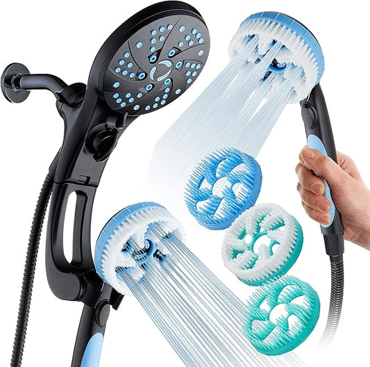 Hotel Spa AquaCare High Pressure 6-in-1 Aquassage 76-mode 3-way Combo, Showerhead, Hand Shower, Body Brush, Hair Brush & Arm in One Two Brackets, Extra-long 6 foot Hose, Brush Head Holder