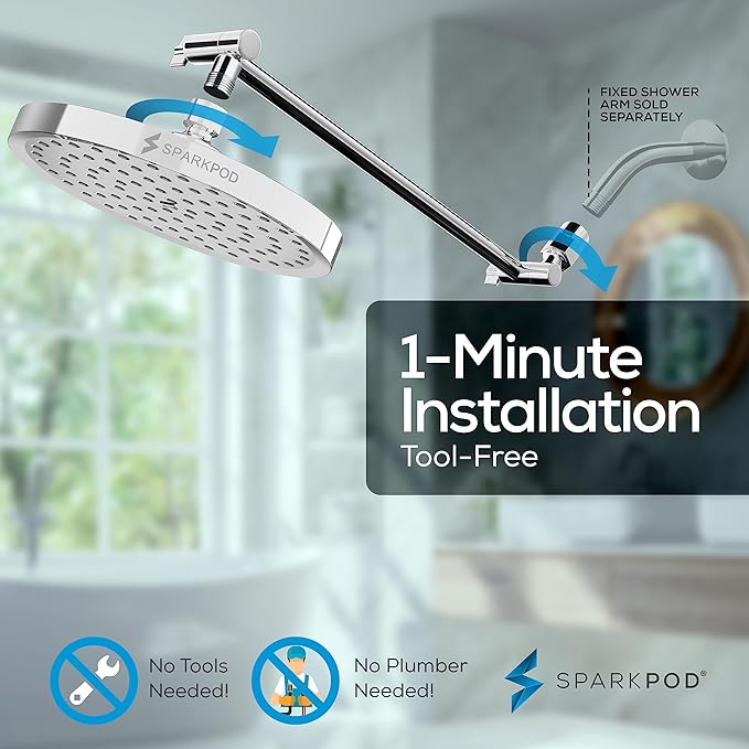 SparkPod Round Rain Shower Head with Extension Arm - Height Adjustable Shower Head with High Pressure Performance - Easy 1-Minute Installation (16" Arm Extension, Luxury Polished Chrome)