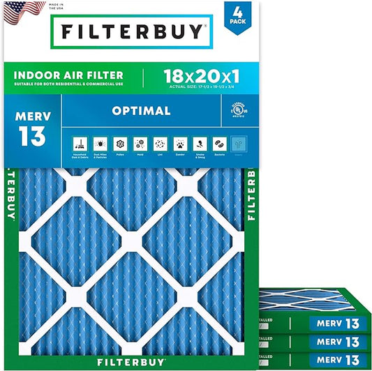 Filterbuy 18x20x1 Air Filter MERV 13 (MPR 1900) Health Defense Replacement (4-Pack), Electrostatic Pleated HVAC AC Furnace Filters, Made in USA (Actual Size: 17.50 x 19.50 x 0.75)