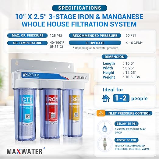 Max Water 3 Stage Water Filtration System for Whole House - Sediment+Iron Manganese+CTO Post Carbon-3/4" Inlet/Outlet-Model : WH-SC9