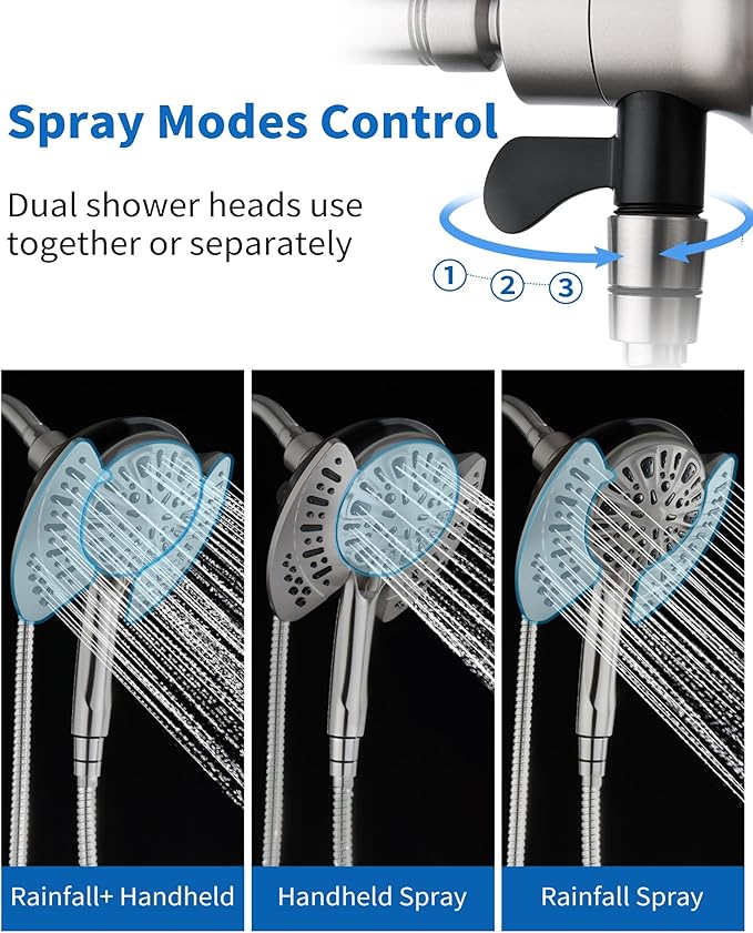 2-in-1 Shower Head with Handheld Combo: Rainfall Shower Head & Detachable Shower Head Use Together or Alone, 9 Spray Settings Showerhead with Hose Nickel, Shower Trim Systems
