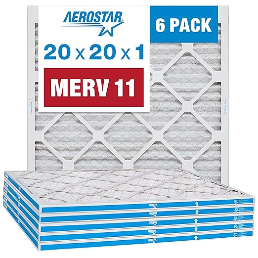 Aerostar 20x20x1 MERV 11 - 6 Count - Pleated HVAC, Furnace & Air Conditioner Filters - Removes Dust, Cold & Flu Germs, Lint, Mold, Pet Dander, Allergy-Causing Pollen, Smog & Smoke