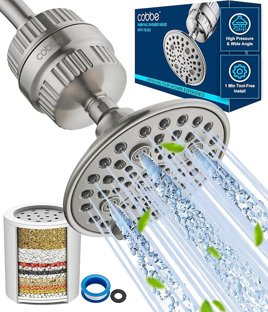 Cobbe 6-Setting High Pressure Filtered Shower Head Combo, Detachable Rain Shower Head with 20 Stage Shower Head Filter for Hard Water - Remove Chlorine and Harmful Substances, Brushed Nickel