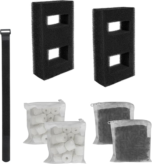 Aquarium Filter Replacement Set for Fluval SPEC, EVO and Flex Series, Three Stage Filtration Includes 2 Foam Filter, 2 Carbon Filter Refills, 2 Ceramic Rings & 1 Filter Cord