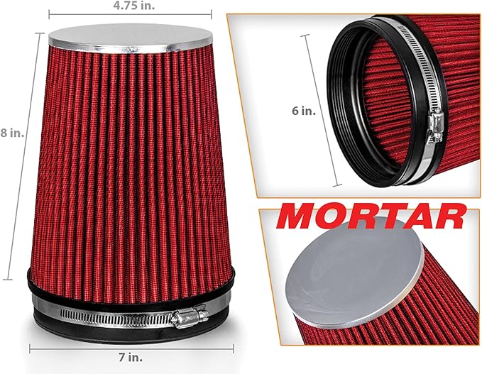 Mortar Aftermarket Auto Air Filter – 6 In Flange ID Car Enthusiast Class Universal Cold Air Intake Gulps in More Air for More Engine Power & Passionate Induction Sound, Length 8 In, Red