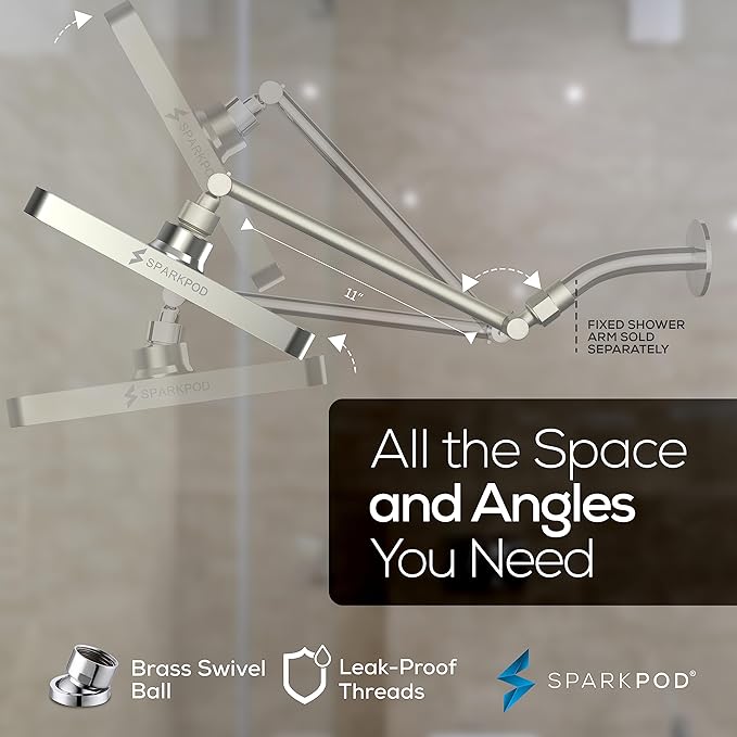 SparkPod Square Rain Shower Head with Shower Head Extension Arm - High Pressure Rain - Luxury Modern Look - No Hassle Tool-less 1-Min Installation (11" Shower Arm Extension, Elegant Brushed Nickel)